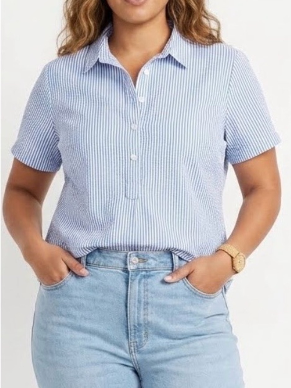 L.L. Bean Vacationland Seersucker Popover Stripe Shirt Small Coastal Modern Prep